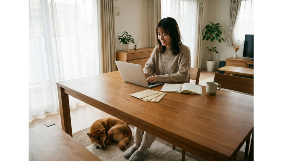 デスクで手続きを確認する飼い主