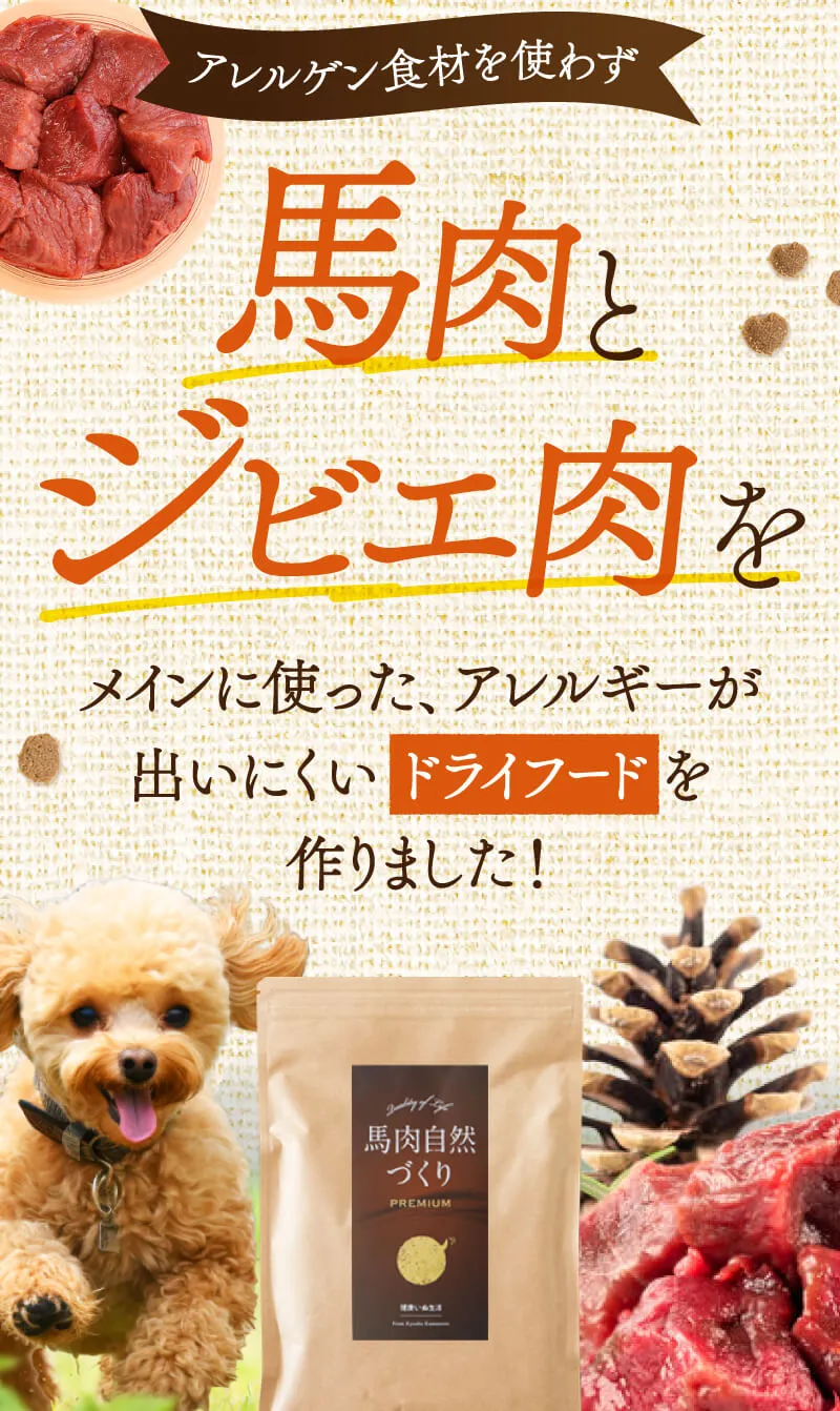 アレルゲン食材を使わず、「馬肉」と「ジビエ肉（鹿・猪）」をメインに使った、アレルギーが出にくいドライフードを作りました！元気に走るトイプードルと馬肉自然づくりプレミアムの商品パッケージ。新鮮な赤身肉とジビエのイメージ。