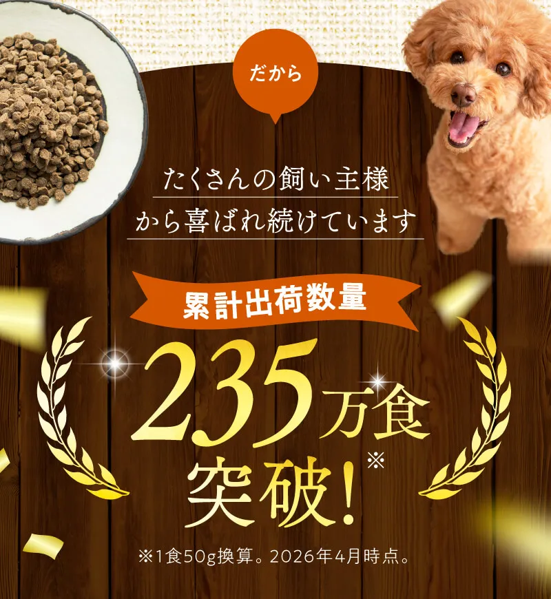だから、たくさんの飼い主様から喜ばれ続けています。年間出荷数量200,000食突破！※1食50g換算 ※2023年7月〜2024年6月実績。笑顔のトイプードル写真。
