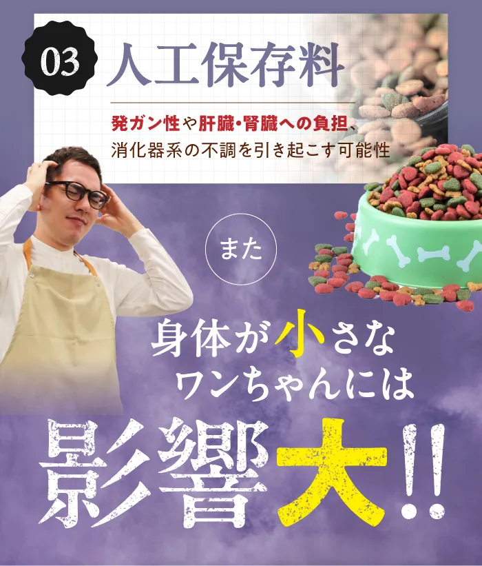 人工保存料　身体が小さなワンちゃんには影響大！
