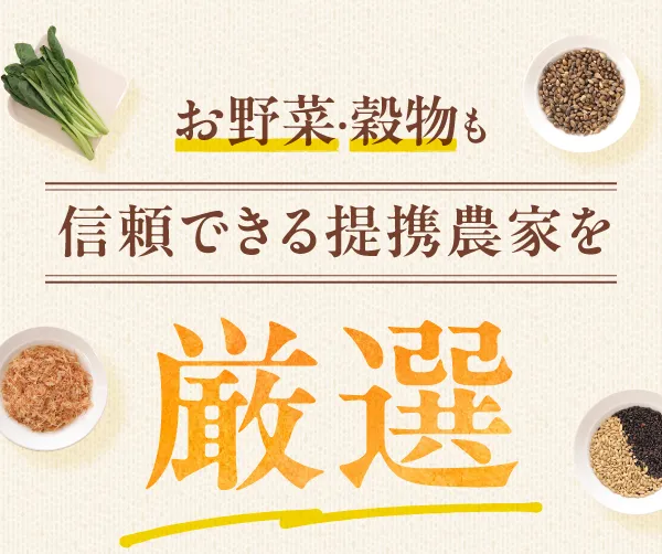 お野菜・穀物も信頼できる提携農家を厳選。小松菜、かつお節、雑穀などの厳選された自然食材のイメージ。